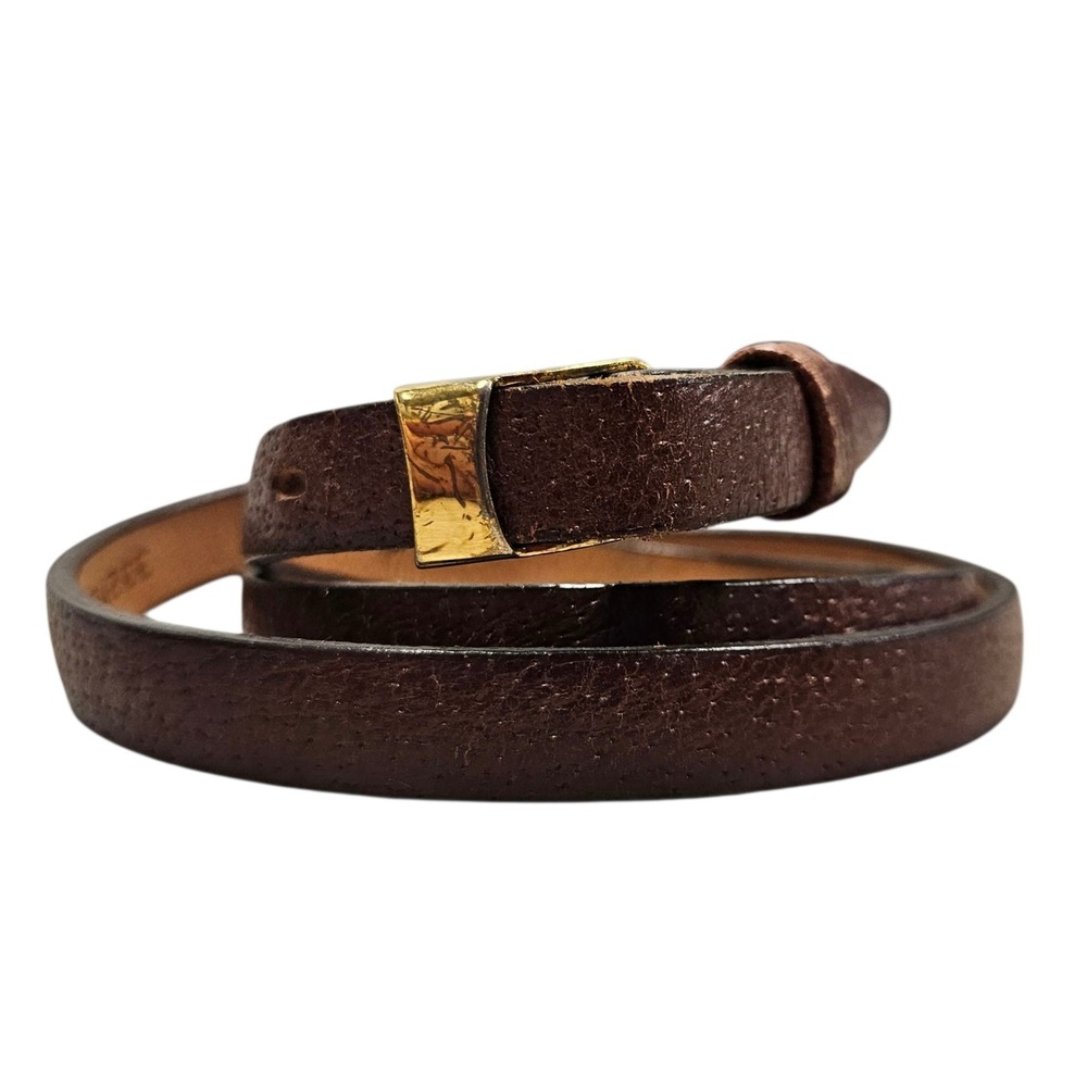 Paris Genuine Pigskin Leather Brown Belt‎ Gold Buckle Skinny Women's 30 Preppy